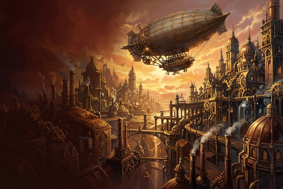 Victorian airship above a golden industrial city