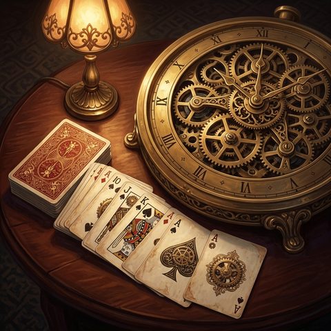 Antique cards beside a clockwork dial