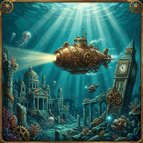 Brass submarine in an underwater city