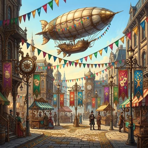Festive square beneath an airship