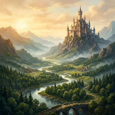 Misty fantasy valley with a castle