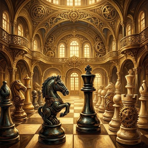 Chess pieces in a golden hall