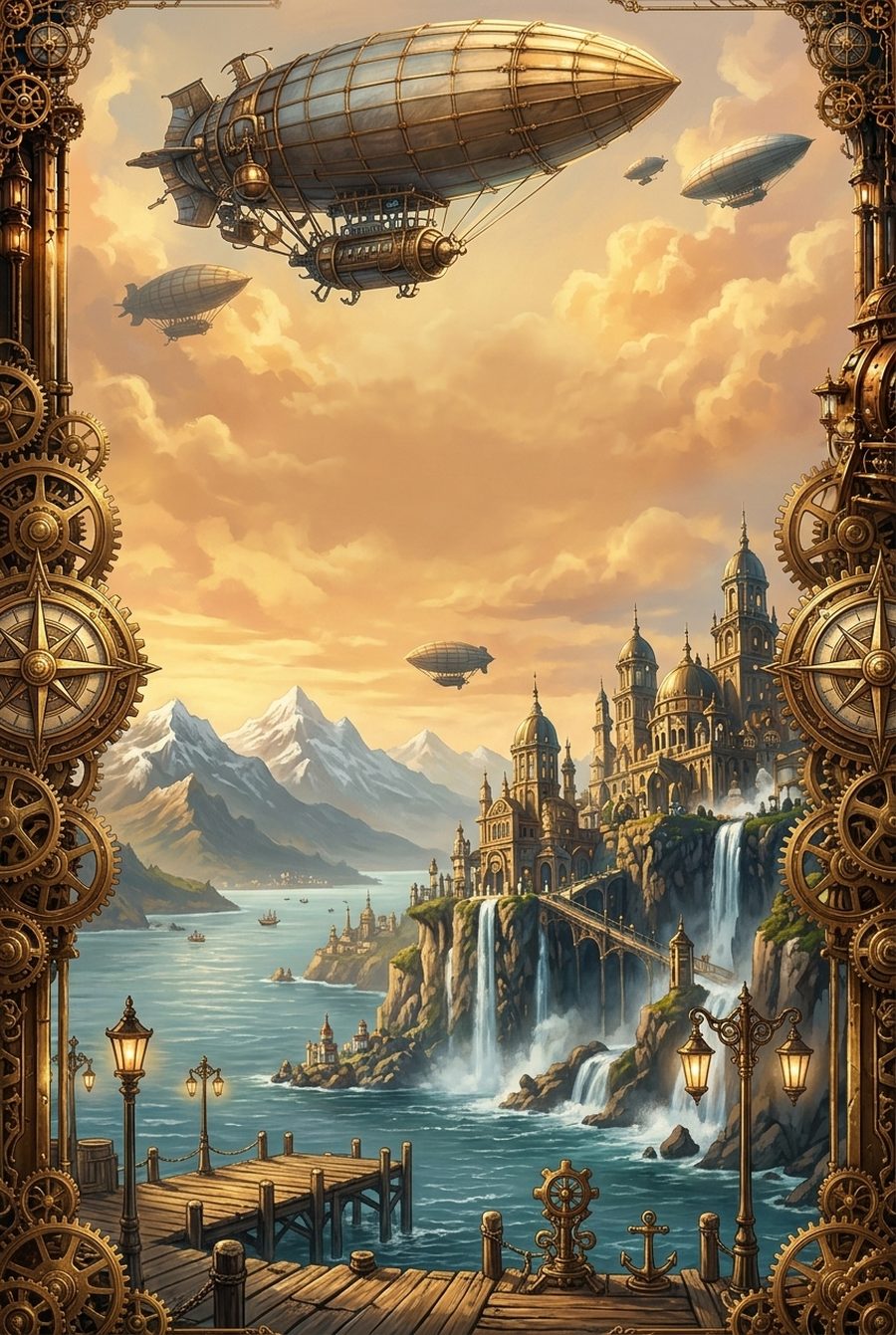 Victorian brass airships above a fantasy coastal city framed by clockwork machinery